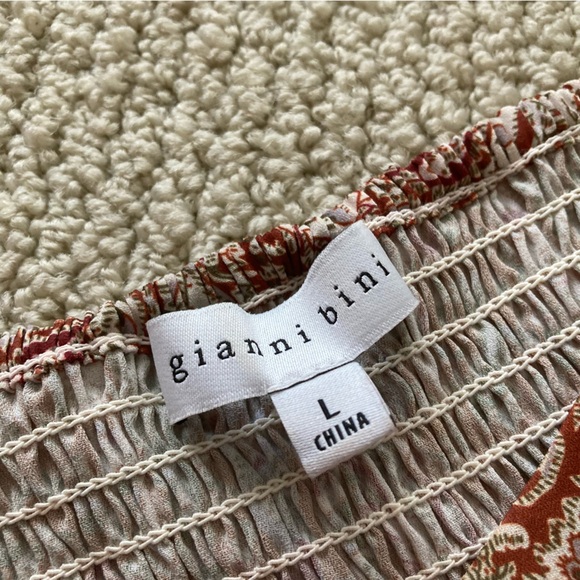 Gianni Bini Smocked Puff Sleeve Dress Square Neck Paisley Brown Size Large VEUC - Picture 3 of 12